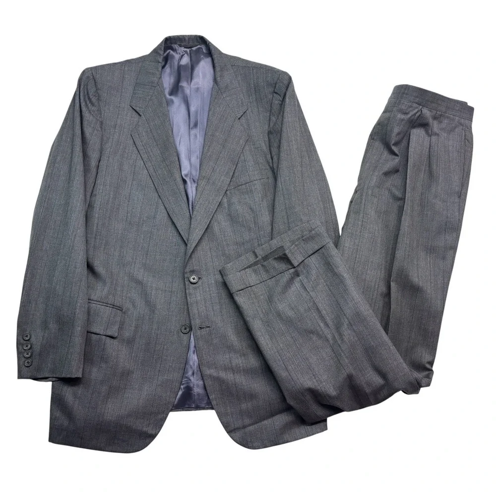 vtg 90s Tom James 46L 37x34 Gray Pinstripe 2pc Pant Suit Wool USA Pleated Cuffed
